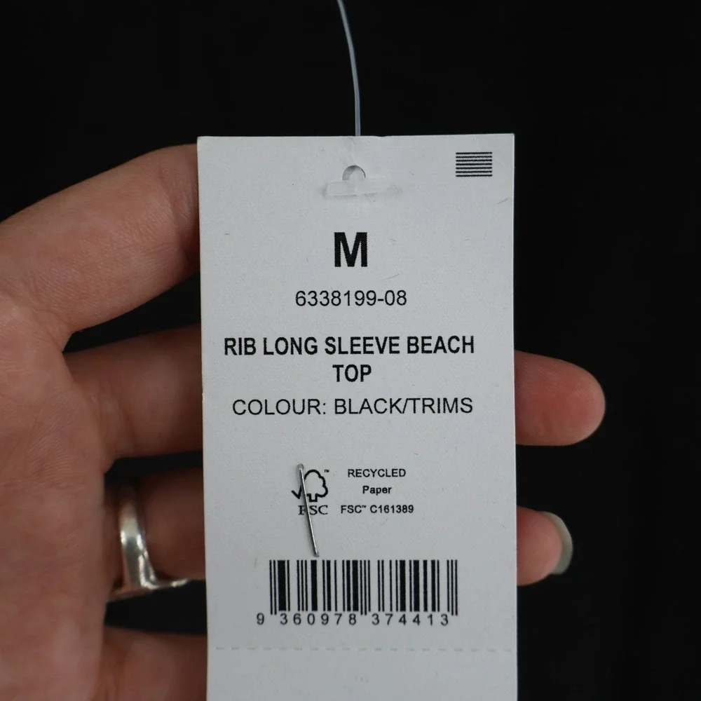 Cotton On Body Ribbed Long Sleeve Beach Top Women Medium Black Piping Resort NWT